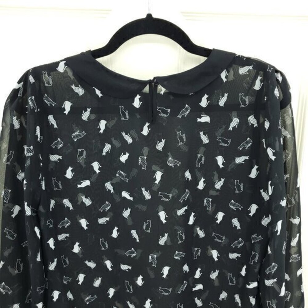 Marks & Spencer Sheer Cat-Print Peter Pan Collar Blouse Black US 8 Halloween - Picture 10 of 16